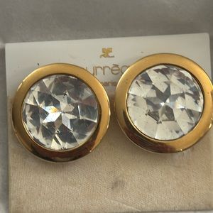 Authentic Vintage COURREGES Paris earrings big round crystal gold tone bezel
